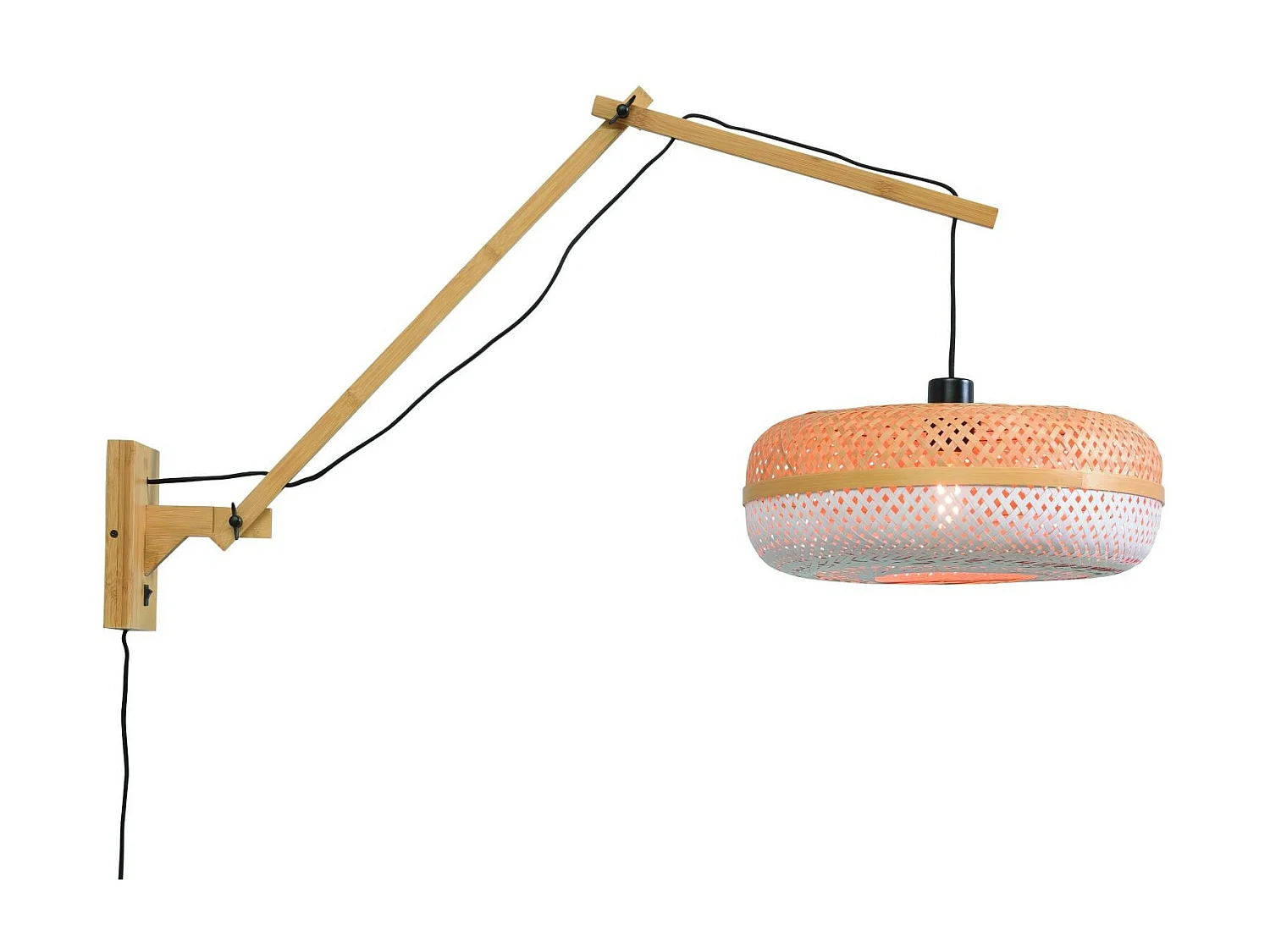 Applique murale en bambou marron avec bras et abat-jour bicolores