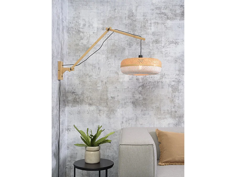 Applique murale en bambou marron avec bras et abat-jour bicolores