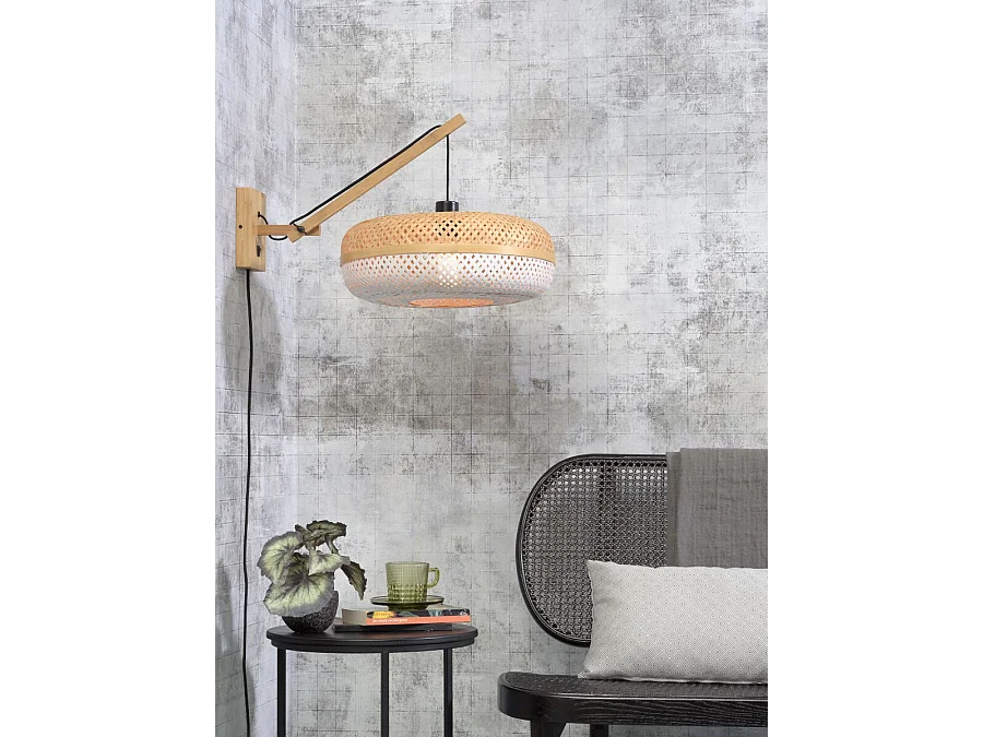Applique bambou avec bras et abat-jour bicolore