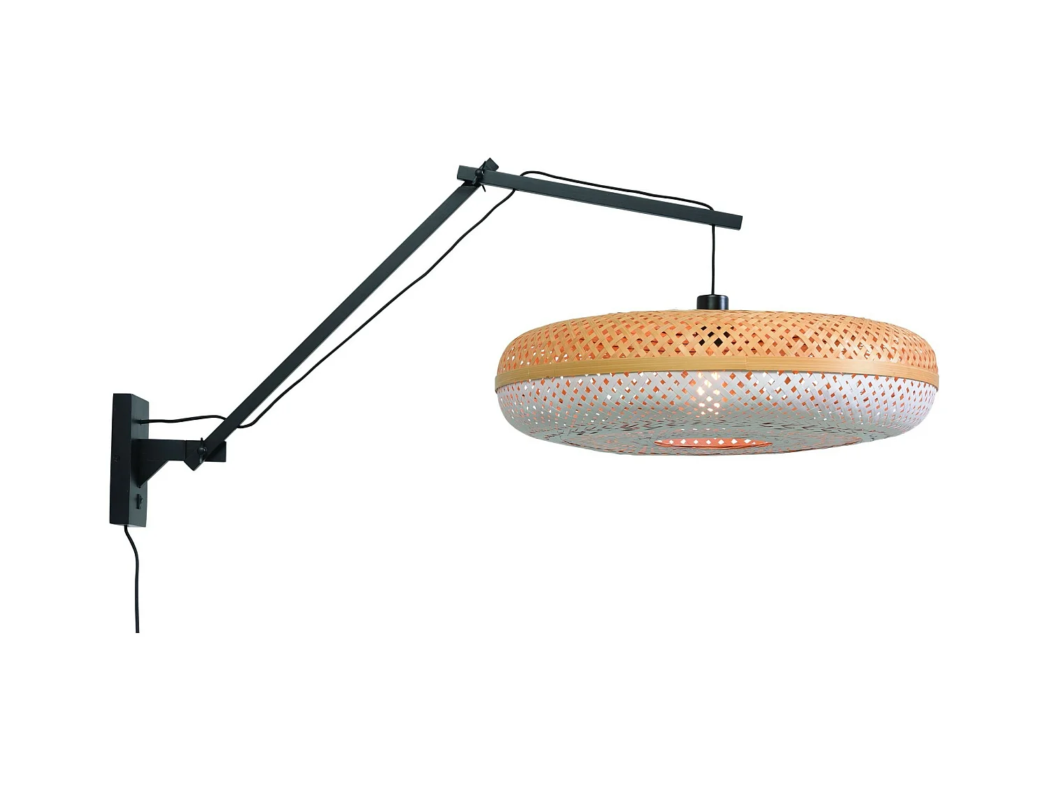 Bamboe wandlamp met zwarte arm en tweekleurige lampenkap