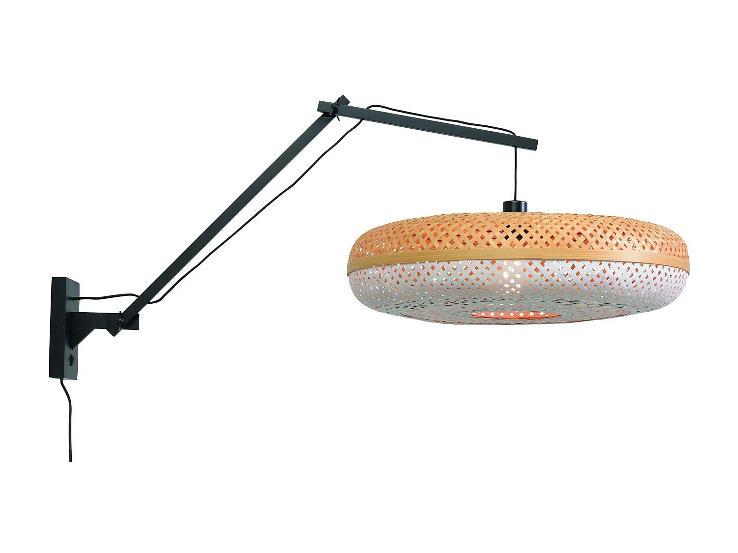 Bamboe wandlamp met zwarte arm en tweekleurige lampenkap