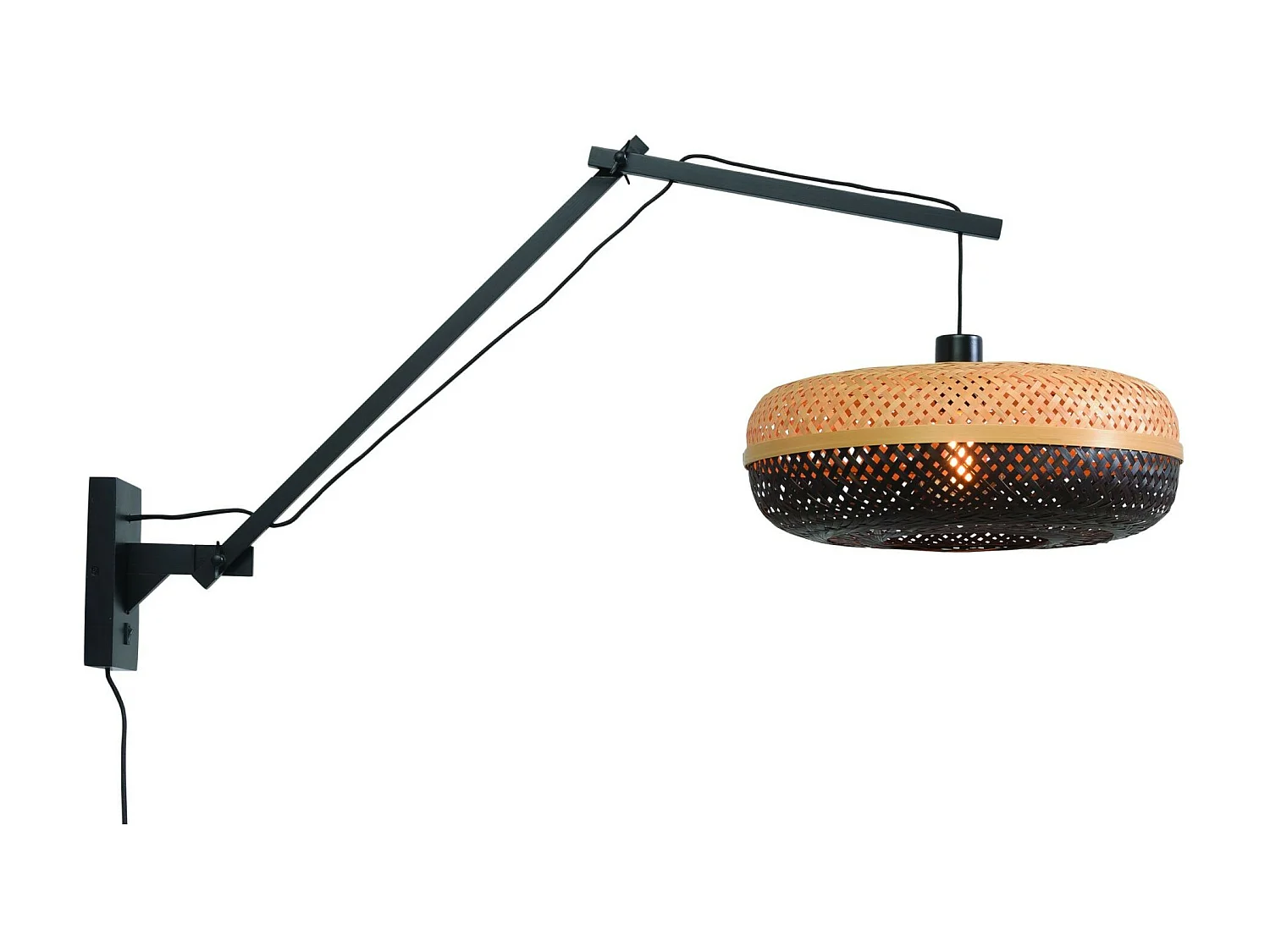 Applique en bambou avec bras noir et abat-jour bicolore