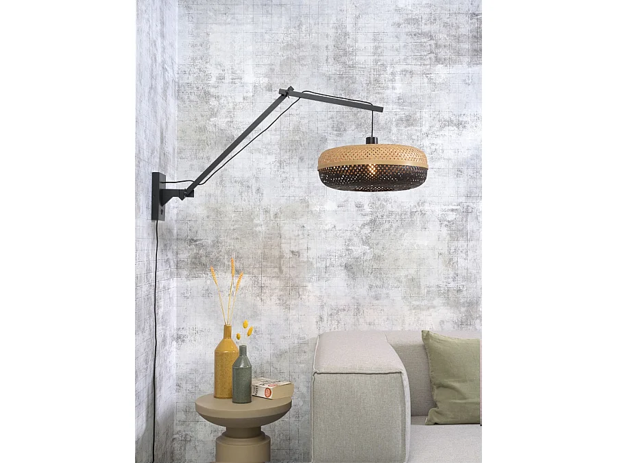 Applique en bambou avec bras noir et abat-jour bicolore