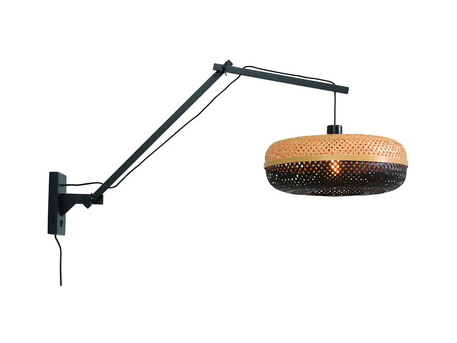 Bamboe wandlamp met zwarte arm en tweekleurige lampenkap