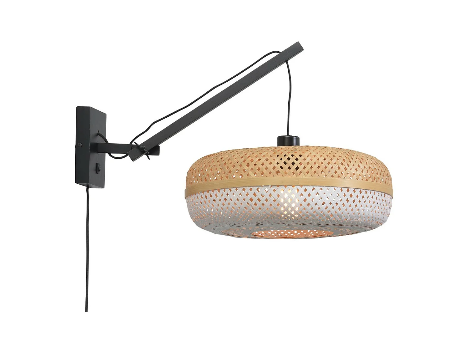 Applique en bambou avec bras noir et abat-jour bicolore