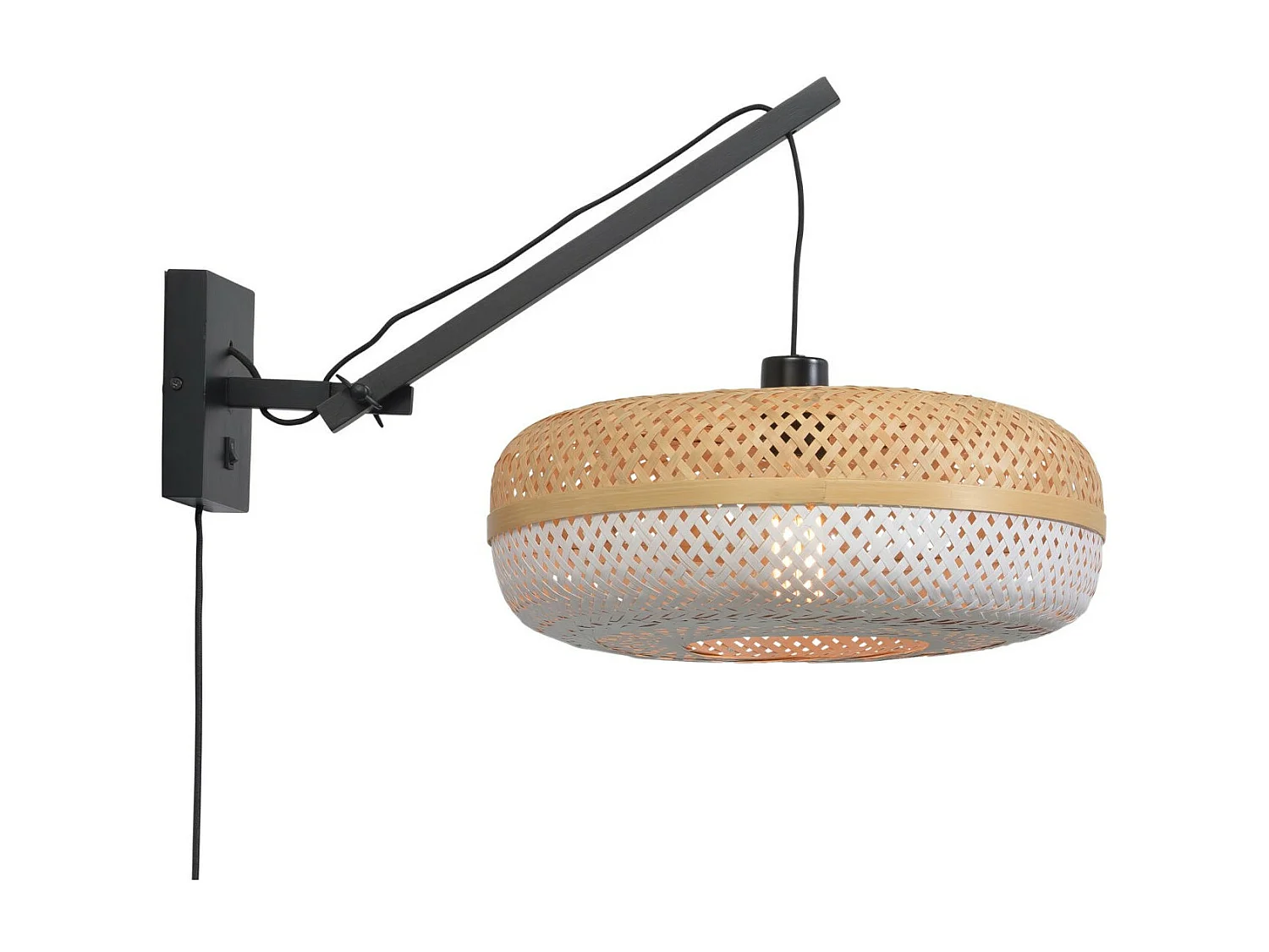 Applique en bambou avec bras noir et abat-jour bicolore