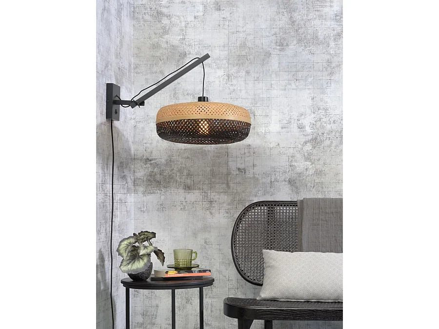 Applique en bambou avec bras noir et abat-jour bicolore