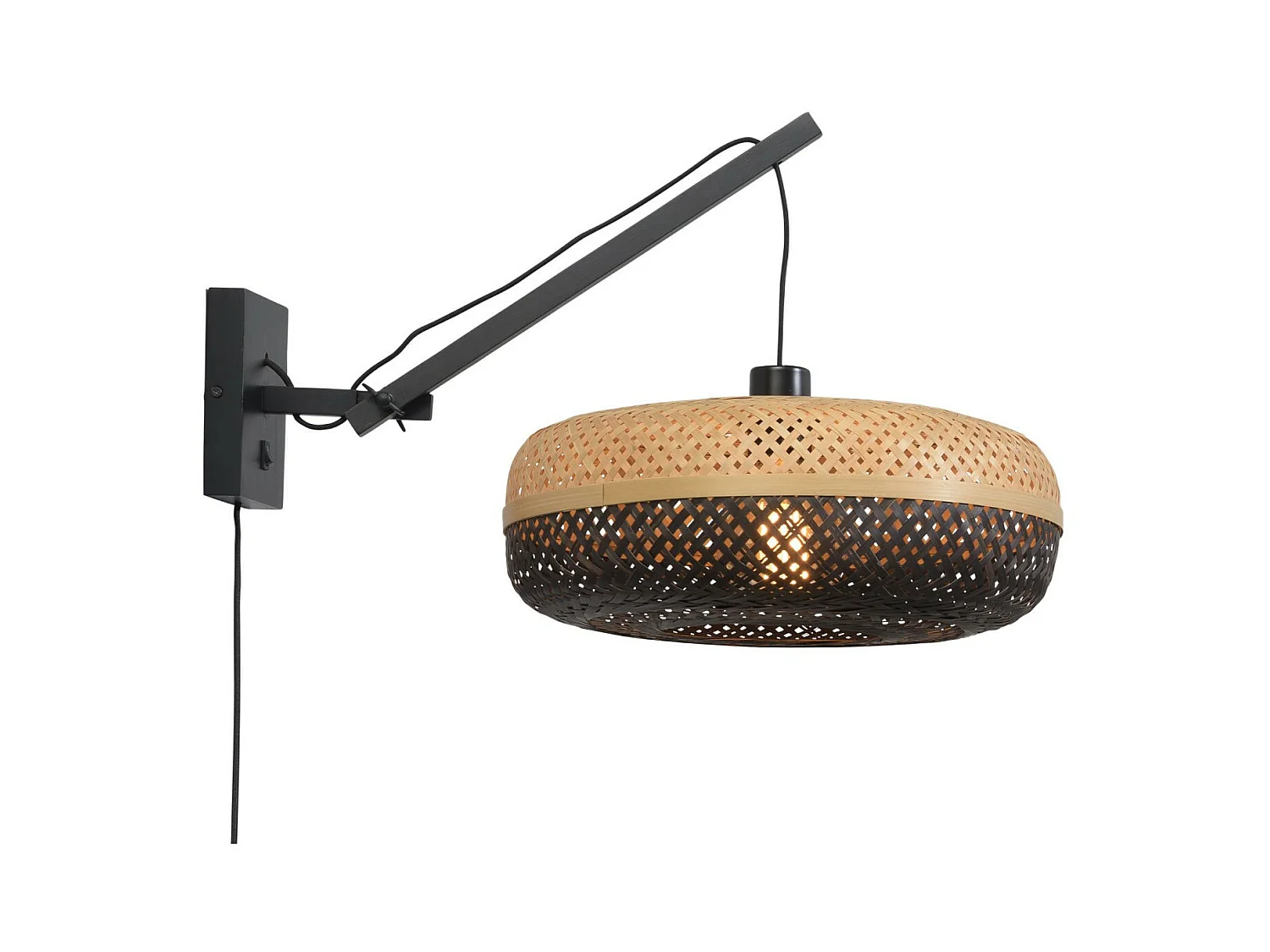 Applique en bambou avec bras noir et abat-jour bicolore