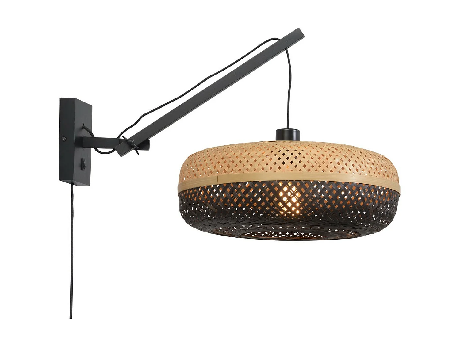 Applique en bambou avec bras noir et abat-jour bicolore