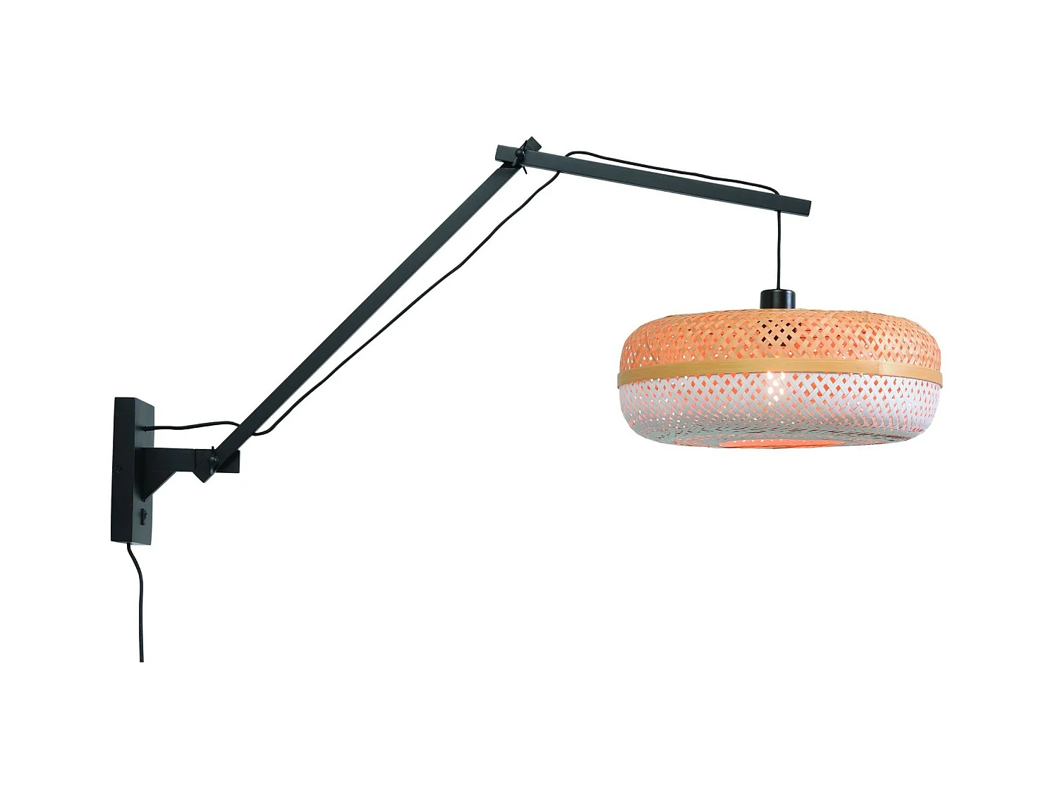 Bamboe wandlamp met zwarte arm en tweekleurige lampenkap