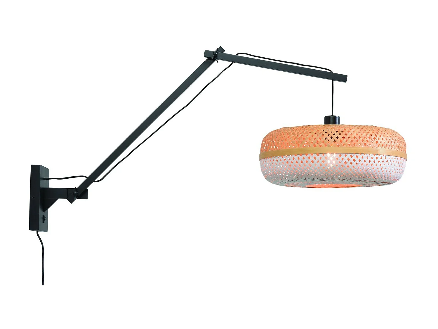 Bamboe wandlamp met zwarte arm en tweekleurige lampenkap