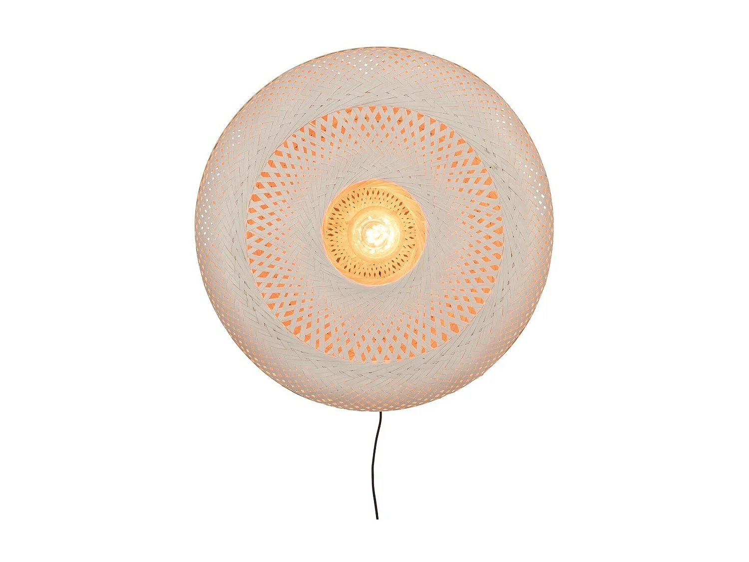 Ronde wandlamp van tweekleurig bruin en wit geweven bamboe met voet en afgedekt zwart draad