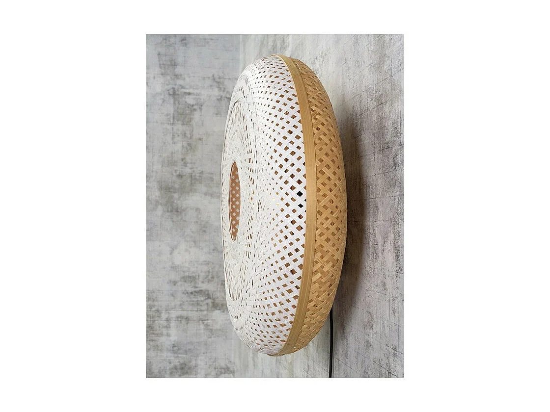 Ronde wandlamp van tweekleurig bruin en wit geweven bamboe met voet en afgedekt zwart draad