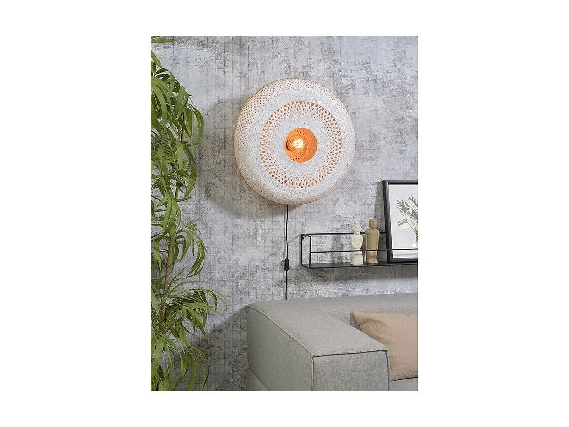 Applique ronde en bambou tressé bicolore marron et blanc avec socle et fil noir gainé