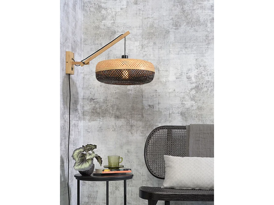 Applique bambou avec bras et abat-jour bicolore