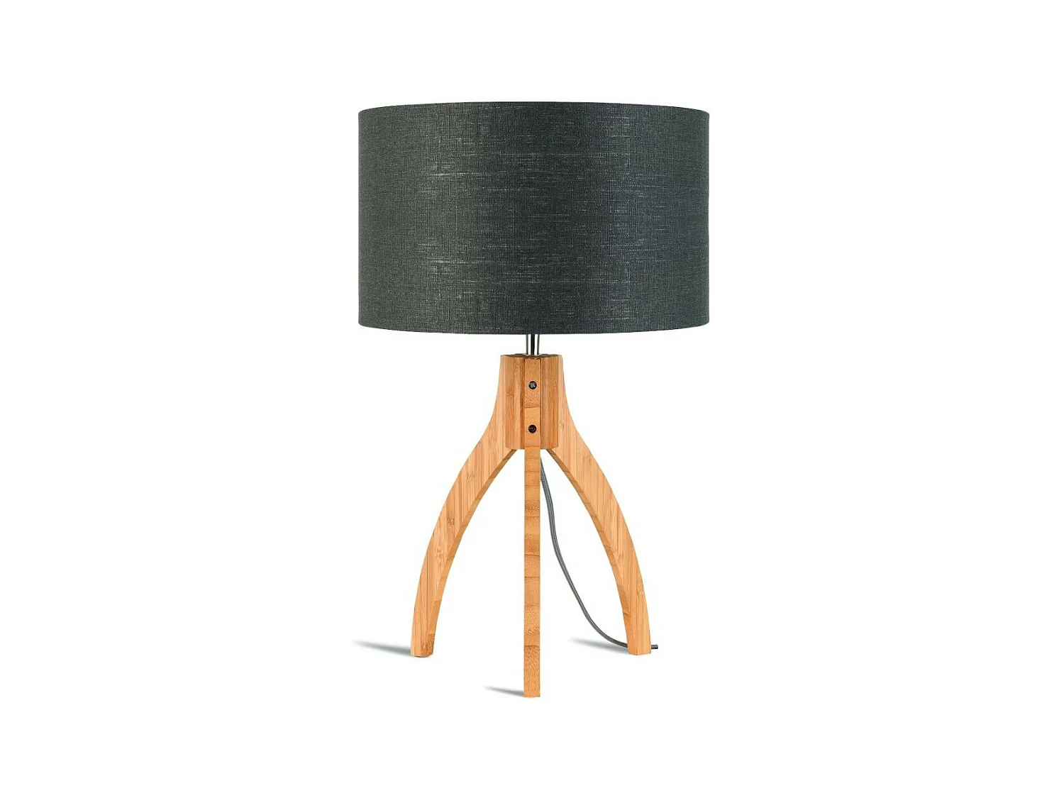 Lampe de table à trois pieds en bois marron avec abat-jour gris foncé