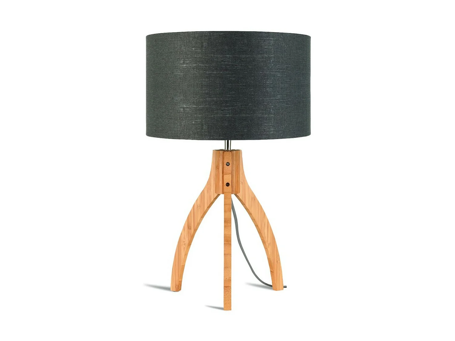 Lampe de table à trois pieds en bois marron avec abat-jour gris foncé