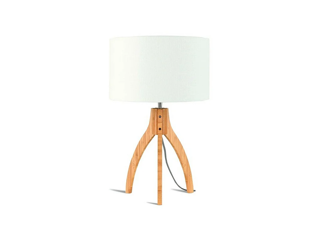 Lampe de table à trois pieds en bois marron avec abat-jour blanc