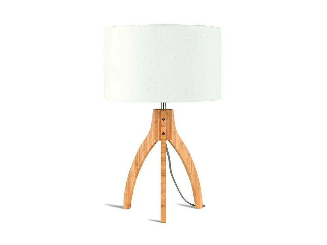 Lampe de table à trois pieds en bois marron avec abat-jour blanc
