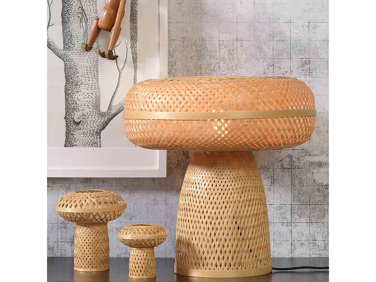 Lampe de table Mushroom en bambou tressé marron
