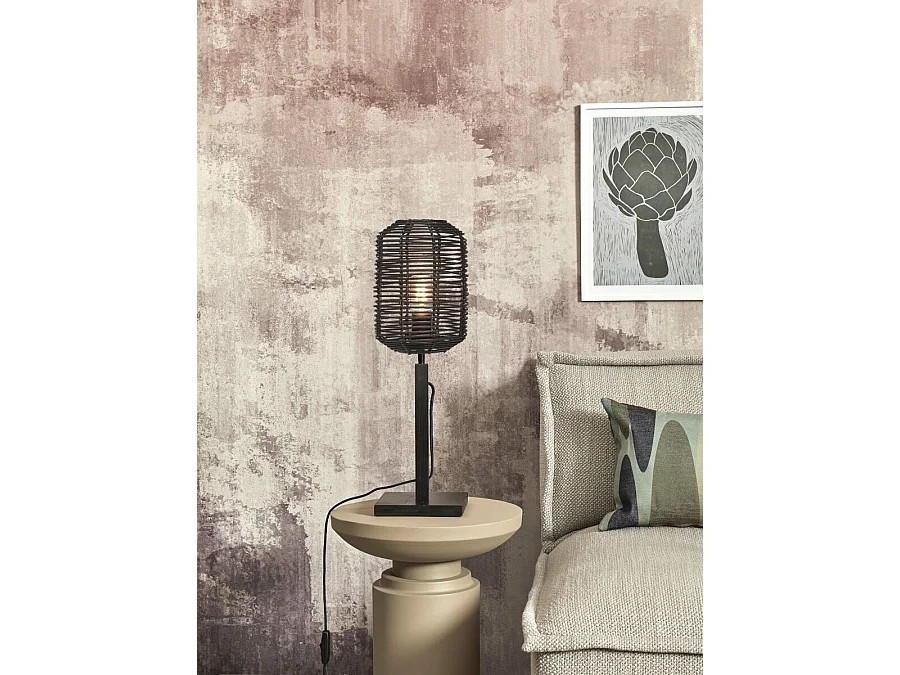 Lampe de table en bambou noir et abat-jour en rotin noir