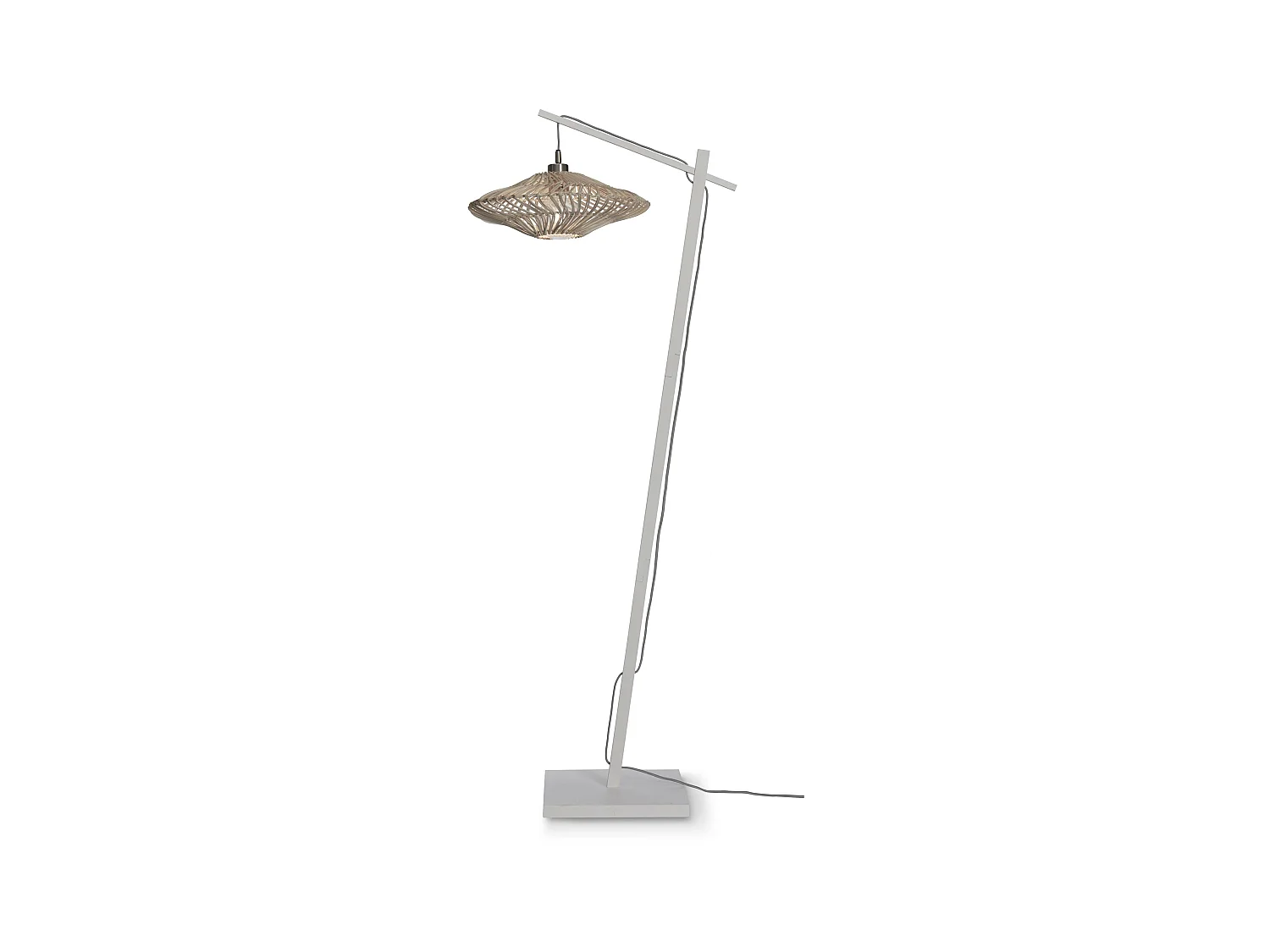 Witte bamboe vloerlamp met witte rotan lampenkap