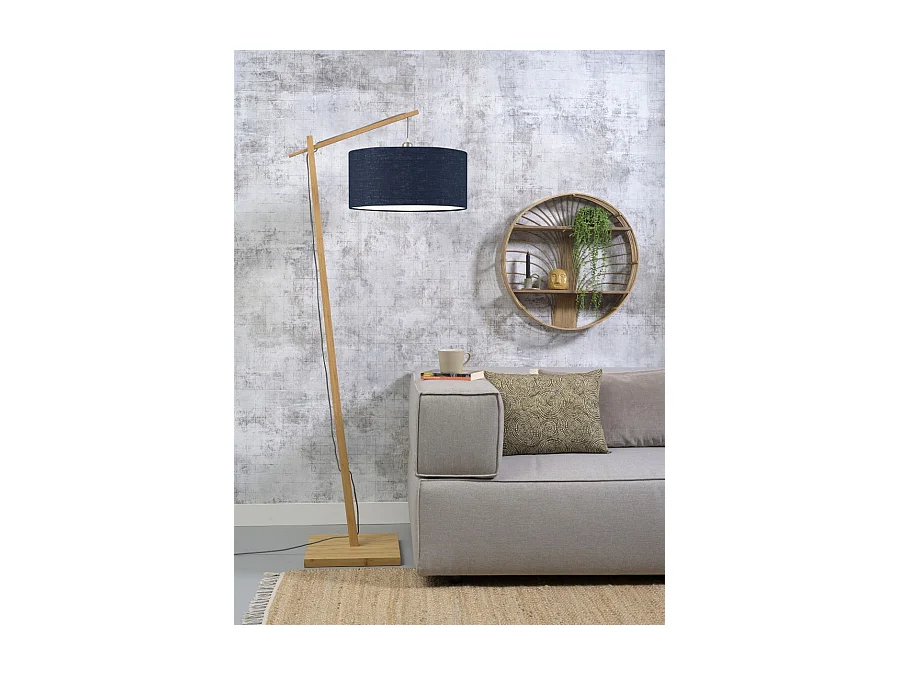 Lampadaire en bambou marron avec abat-jour bleu nuit