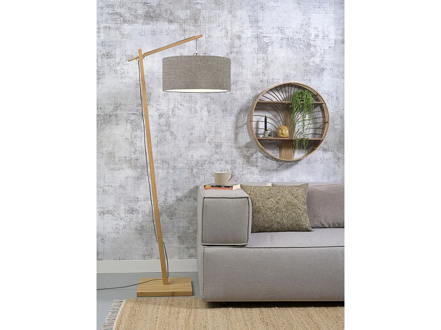 Lampadaire en bambou marron et abat-jour en lin foncé