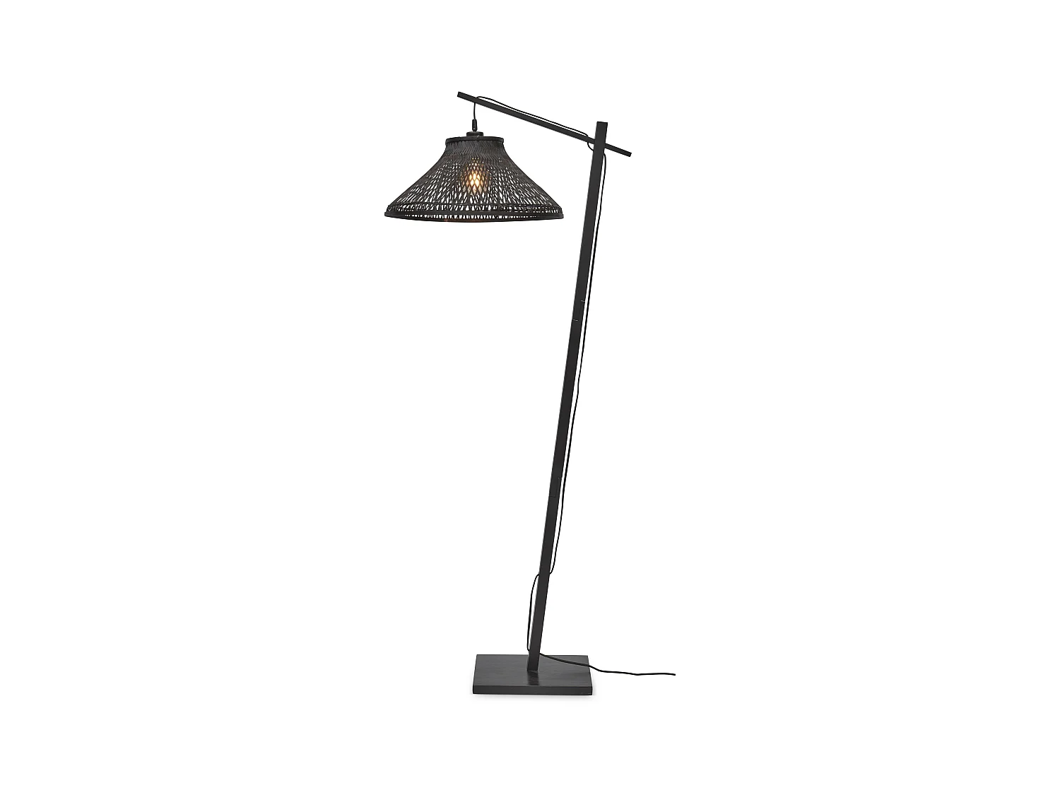 Lampadaire en bambou noir et abat-jour en rotin marron