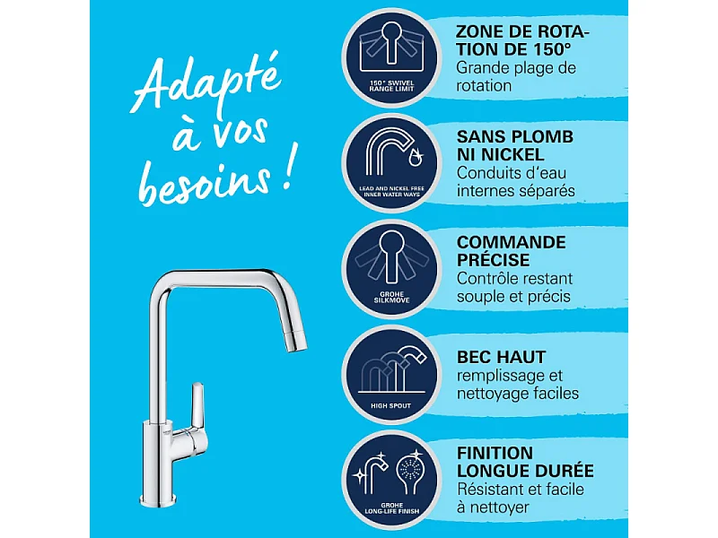 Robinet de cuisine monocommande bec haut GROHE Start 2021 chromé