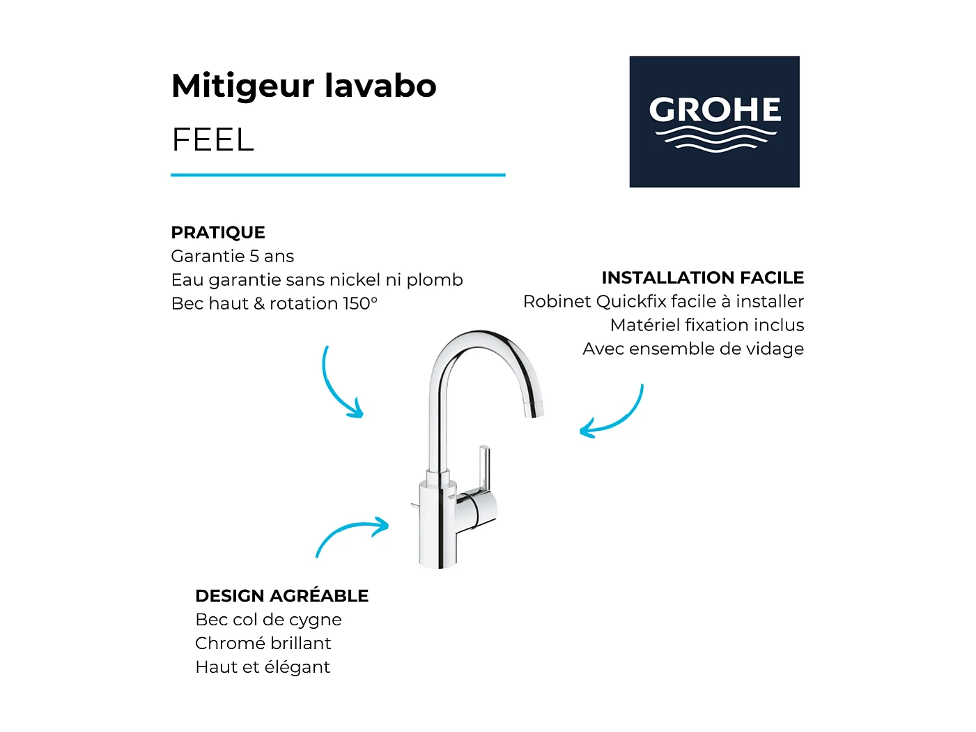 Miscelatore lavabo GROHE Quickfix Feel con asta e scarico taglia L