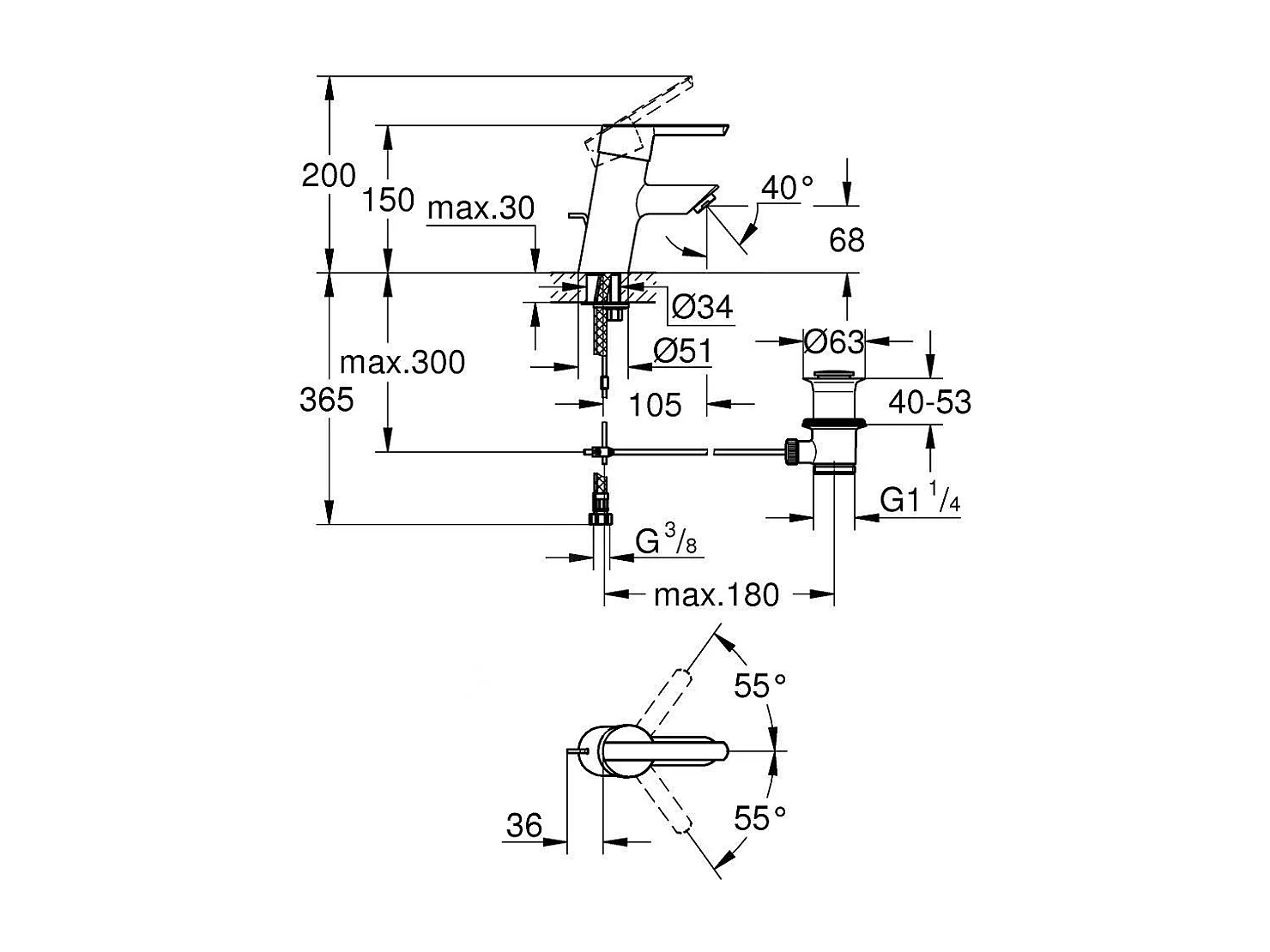 Wastafelmengkraan GROHE Quickfix Feel met trekstang en afvoer maat S