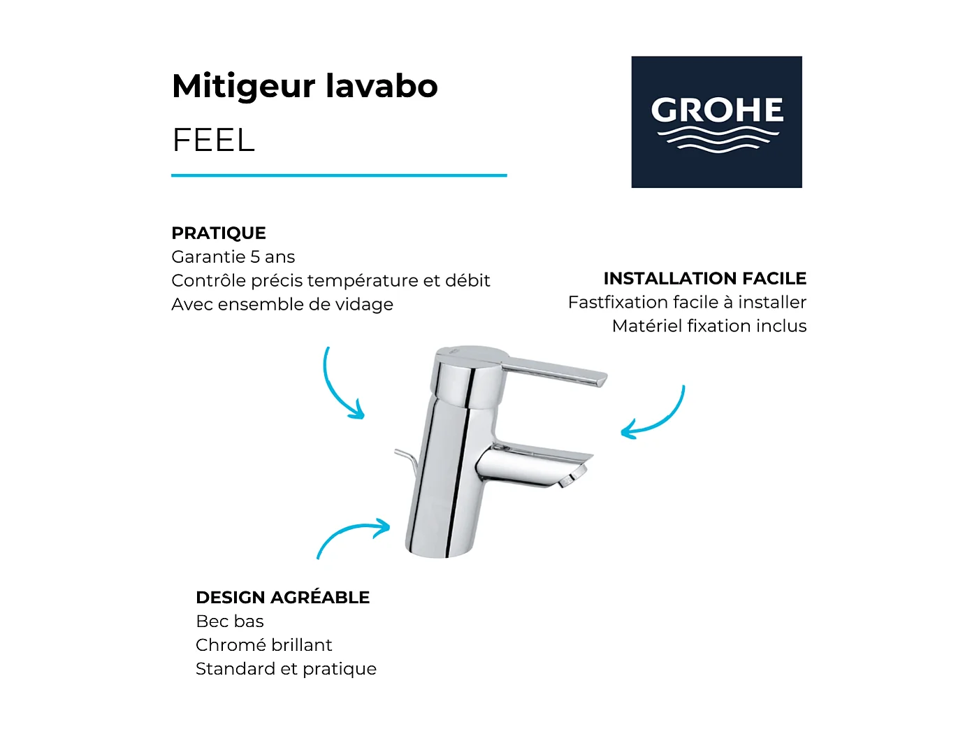 GROHE Quickfix Feel Mezclador de lavabo con vaciador extraíble y automático talla S