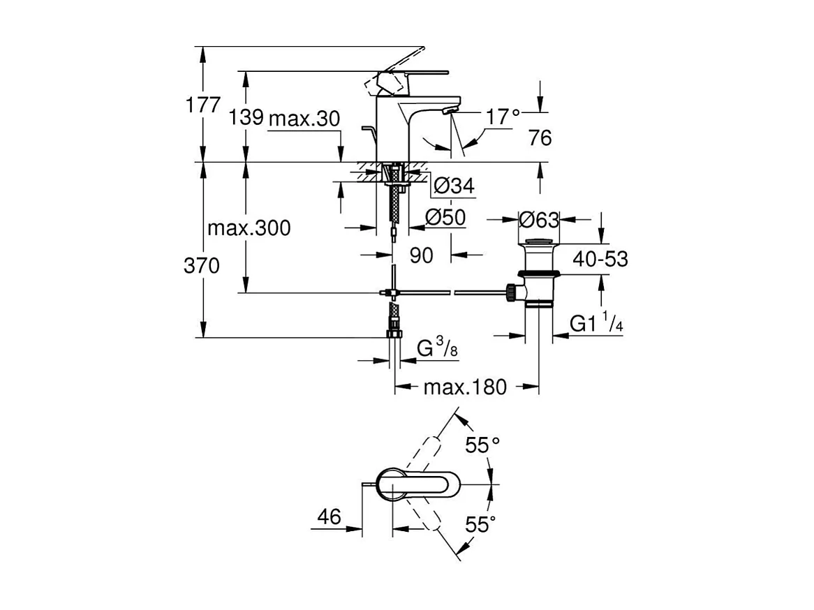 Waschtischmischer GROHE Quickfix Get Größe S Chrom mit Zugstange und Ablaufgarnitur