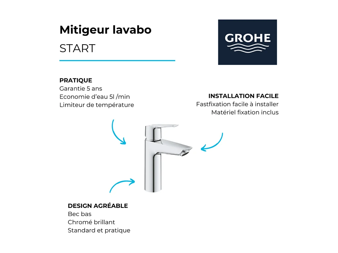 Wastafelkraan GROHE Quickfix Start 2021 met Push-Open afvoer chroom