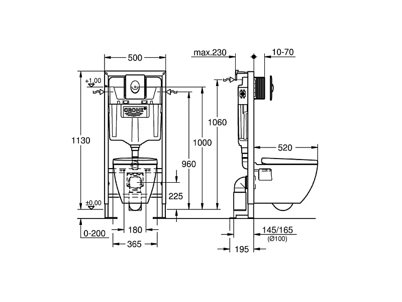 WC encastré GROHE - Céramique - Réservoir 9L - Abattant frein de chute - Blanc alpin