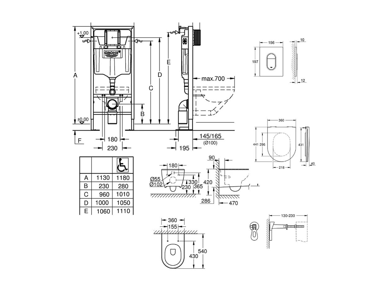 Grohe Pack WC suspendu sans bride Essence + abattant + plaque chromée + bâti Grohe