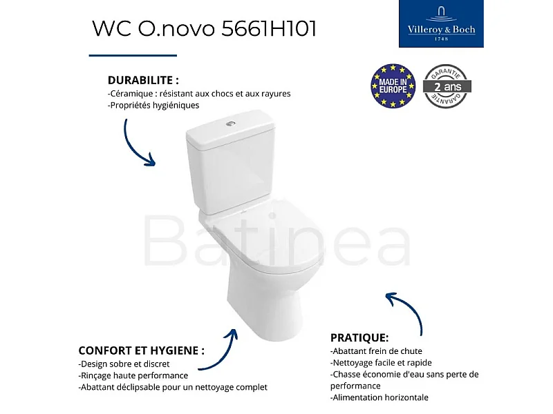 WC à poser VILLEROY ET BOCH O.novo avec abattant frein de chute déclipsable