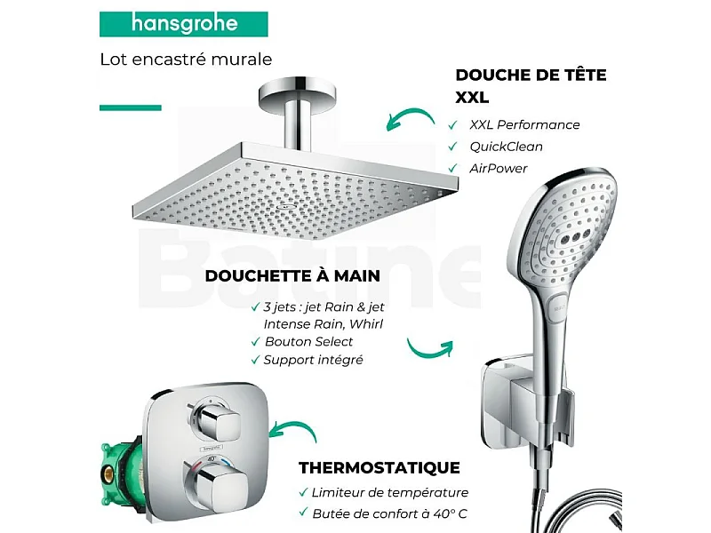 Lot robinet douche encastré thermostatique HANSGROHE Ecostat E + Douche de tête Raindance E 300 fixation plafond