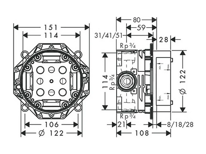 Façade mitigeur thermostatique encastré Hansgrohe EcoStat E chromée avec corps d'encastrement universel iBox