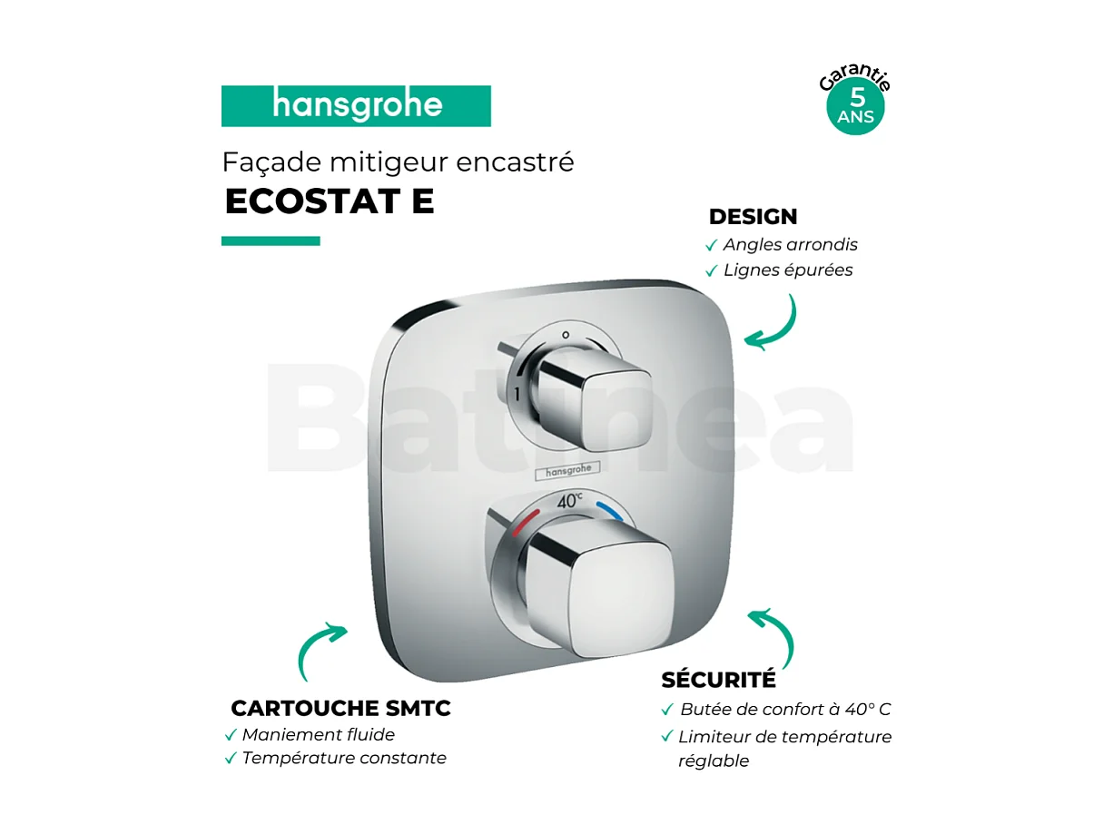 Façade mitigeur thermostatique encastré Hansgrohe EcoStat E chromée avec corps d'encastrement universel iBox