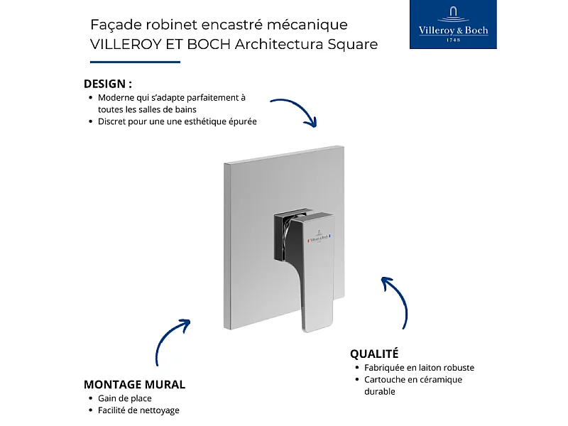 Mitigeur mécanique encastré VILLEROY ET BOCH Architectura Square Noir mat