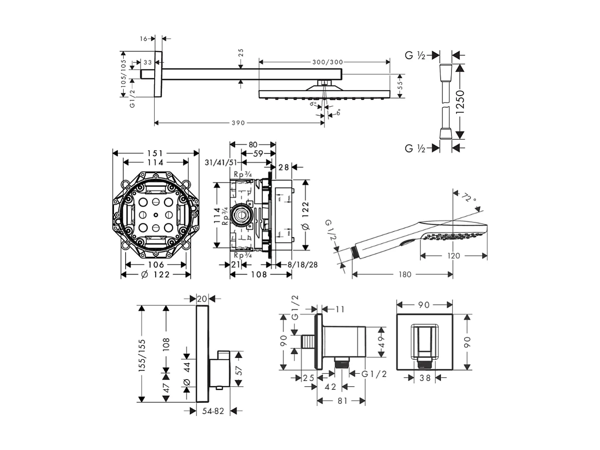 Colonne de douche thermostatique encastrée HANSGROHE Raindance E 300