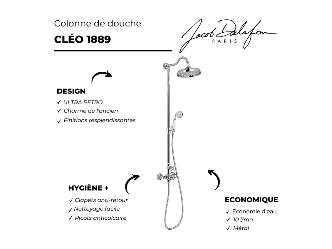 Colonne de douche JACOB DELAFON Cléo 1889 Chrome + nettoyant Briochin