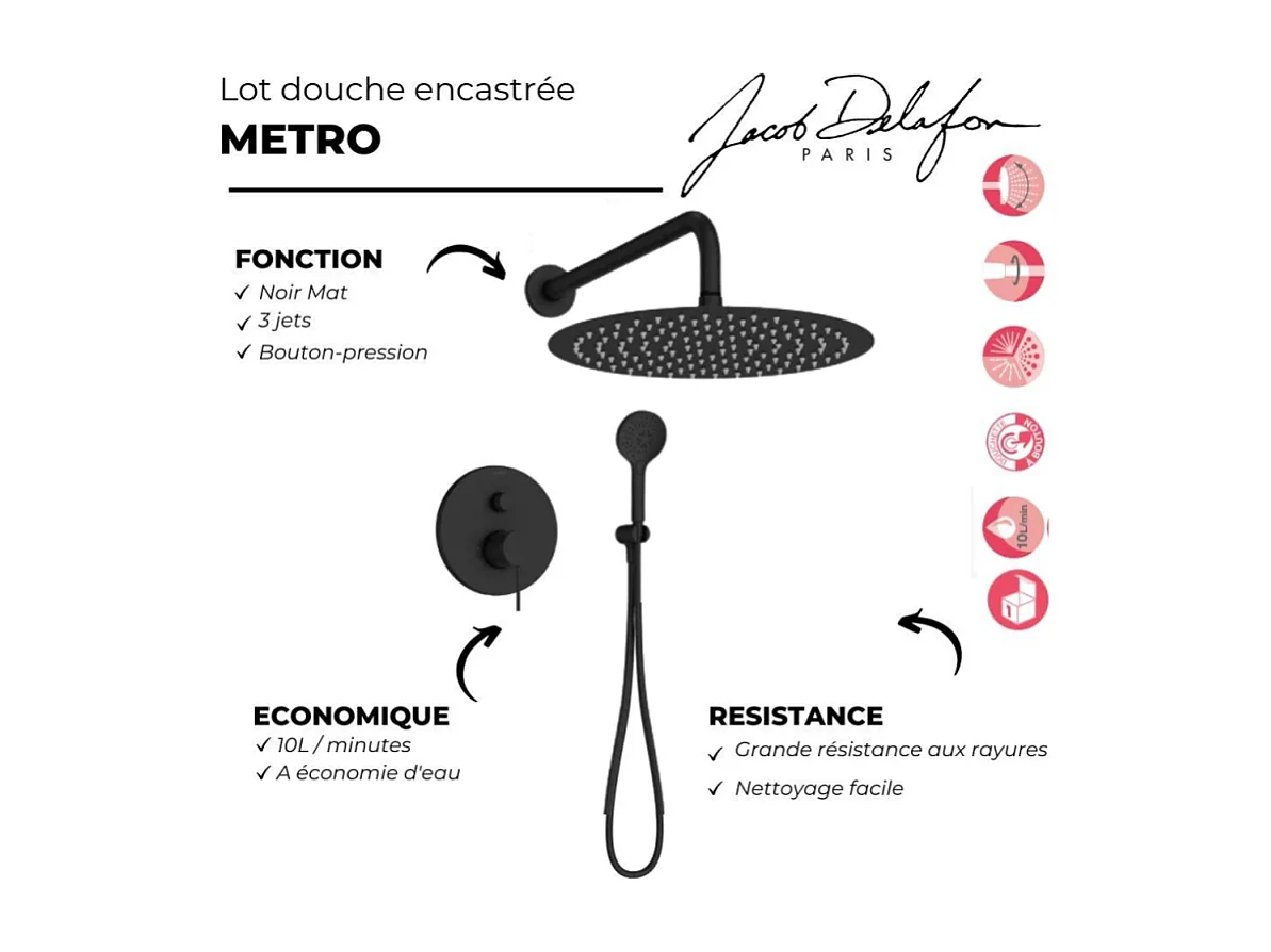 Robinet douche encastré thermostatique JACOB DELAFON Metro, Noir mat Economie d'eau