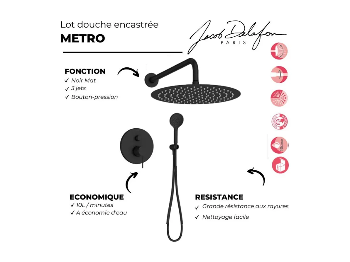Robinet douche encastré thermostatique JACOB DELAFON Metro, Noir mat Economie d'eau