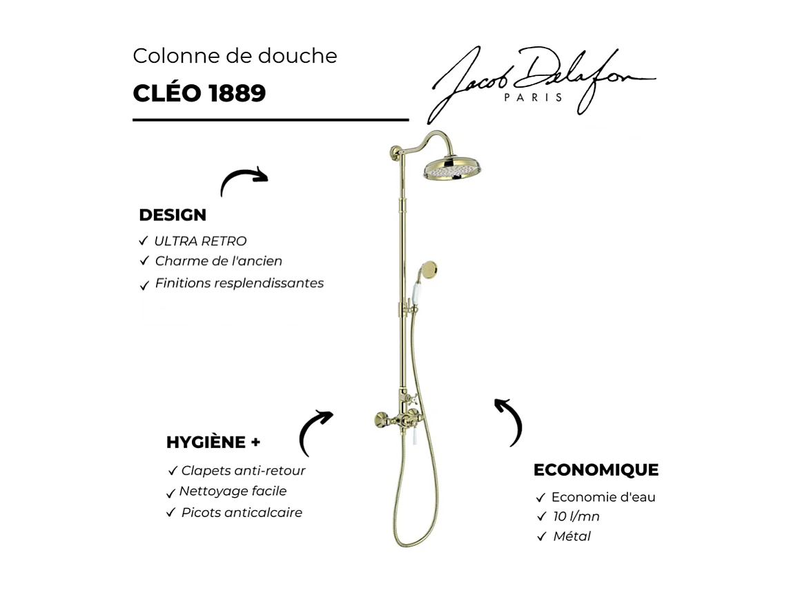 Colonne de douche JACOB DELAFON Cléo 1889 Or beige + nettoyant Briochin