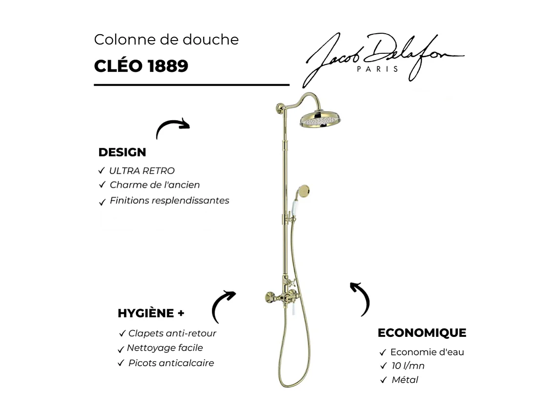Colonne de douche JACOB DELAFON Cléo 1889 Or beige + nettoyant Briochin