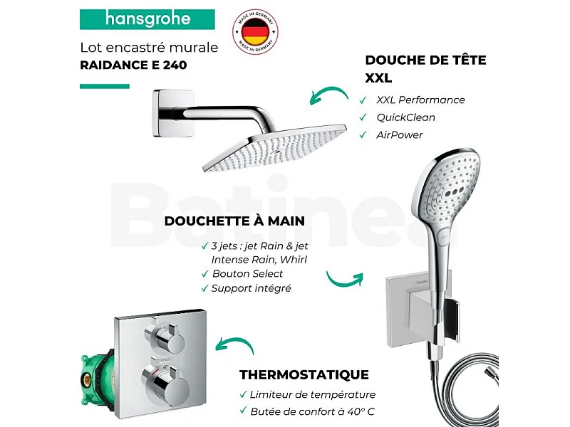 Lot robinet douche encastré thermostatique HANSGROHE Ecostat Square + Douche de tête Raindance E 240