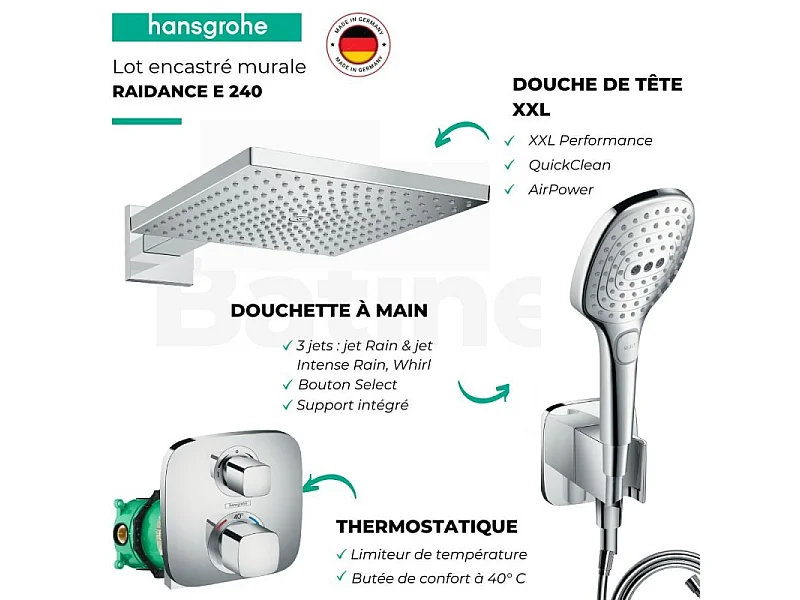 Lot robinet douche encastré thermostatique HANSGROHE Ecostat E + Douche de tête Raindance E 300